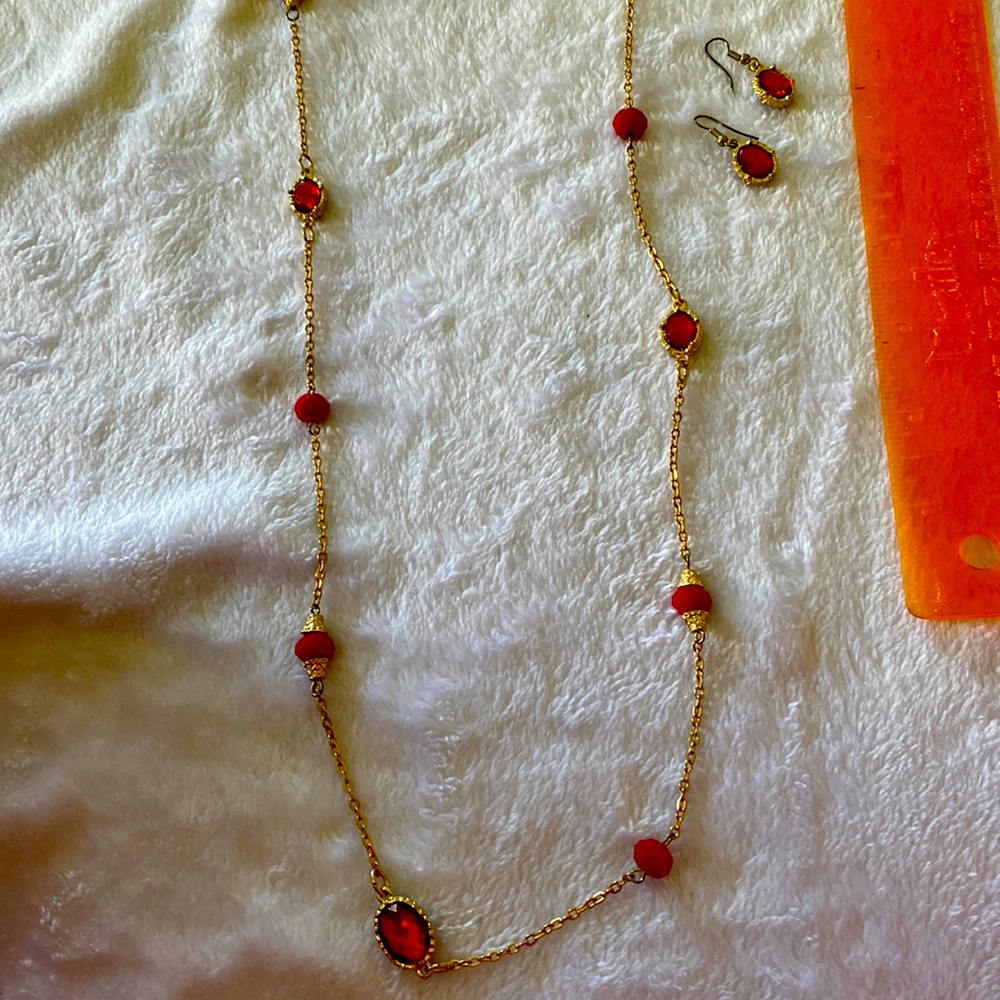 Red and gold necklace and earring set.